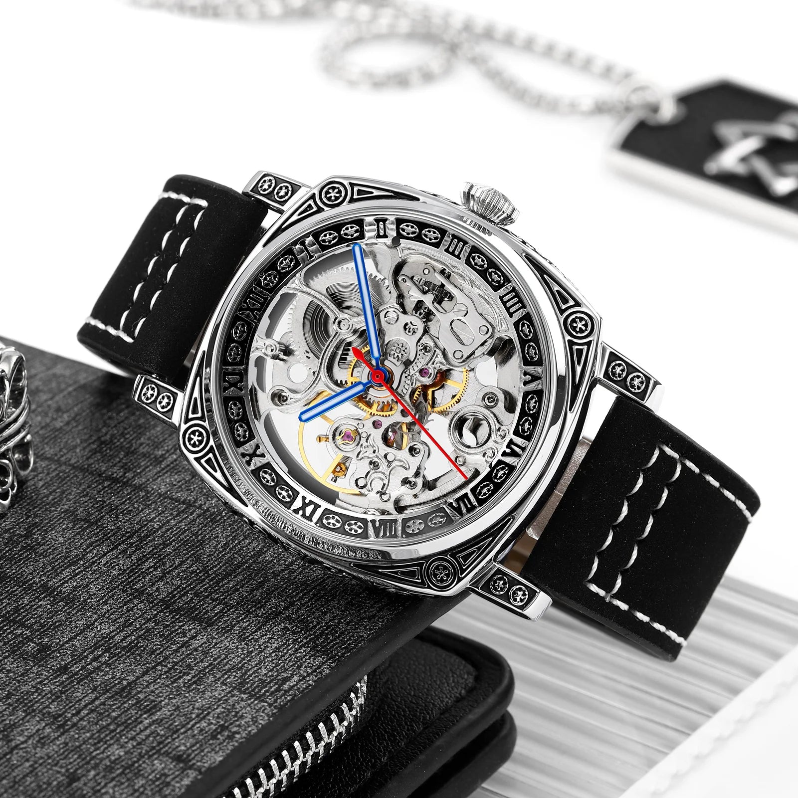 SKMEI Men’s Engraved Skeleton Automatic Mechanical Watch – Premium Leather Strap
