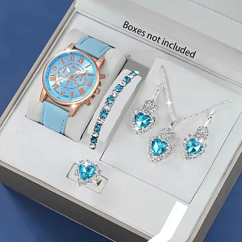 Elegant Women's Watch Jewelry Set, Quartz Watch with Heart Pendant Necklace, Bracelets, and Earrings, Ideal for Mother's Day, Valentine's, Easter Gift Perfect Gift for Her