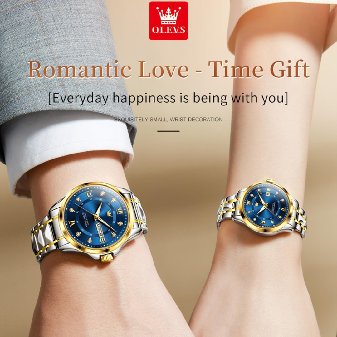 OLEVS Couple Watches His and Her Fashion Dresse Romantic Set Pair Matching Stainless Steel Strap Luminous Waterproof Wrist Watch