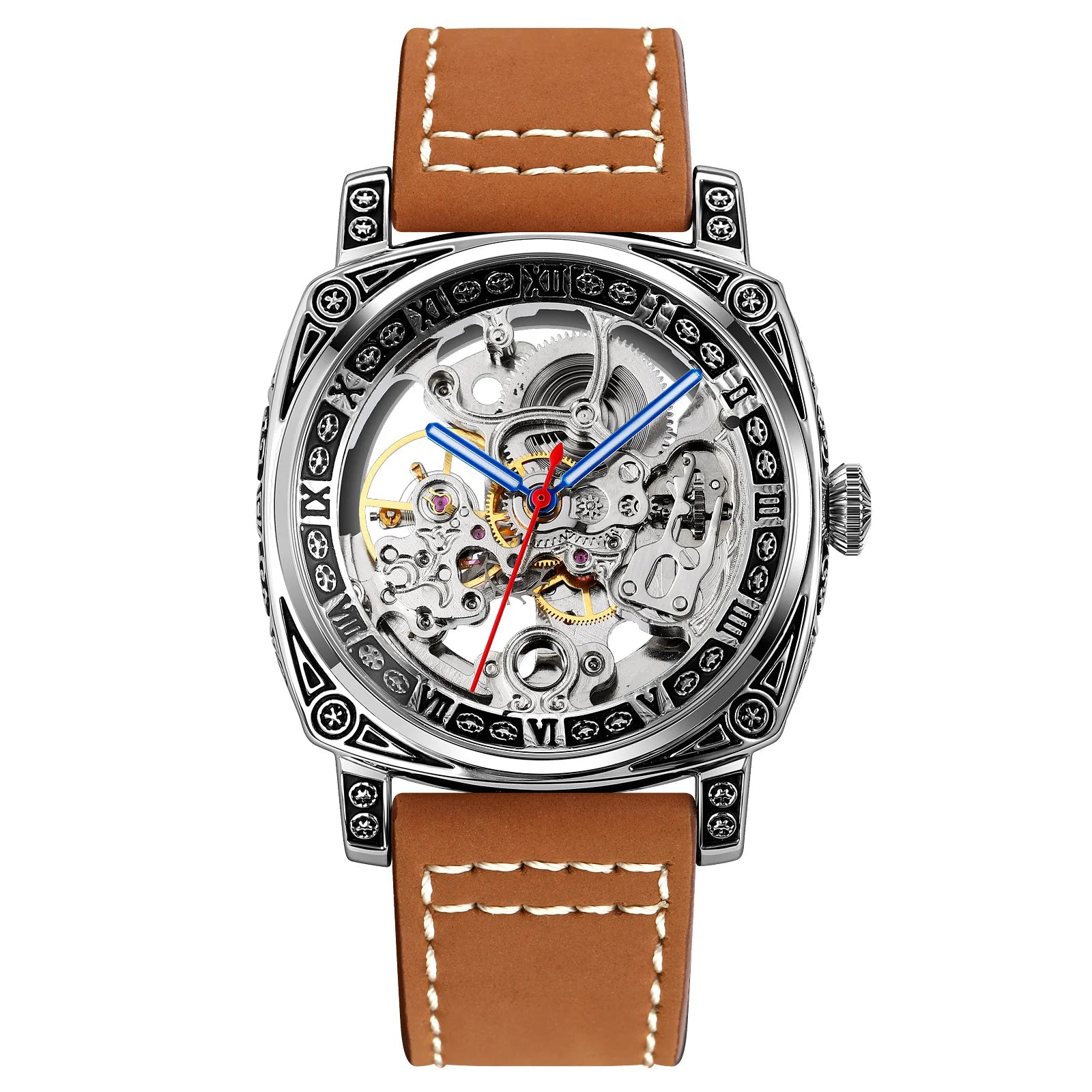 SKMEI Men’s Engraved Skeleton Automatic Mechanical Watch – Premium Leather Strap