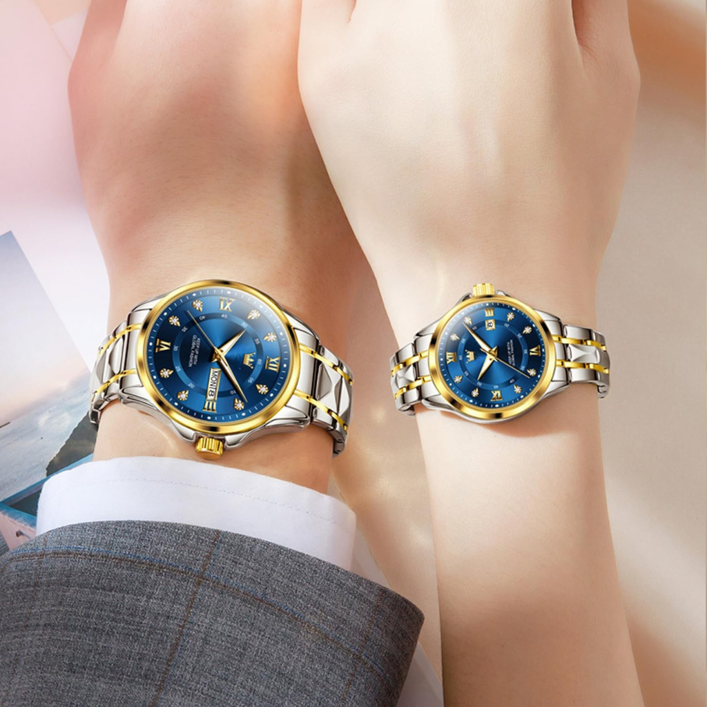 OLEVS Couple Watches His and Her Fashion Dresse Romantic Set Pair Matching Stainless Steel Strap Luminous Waterproof Wrist Watch