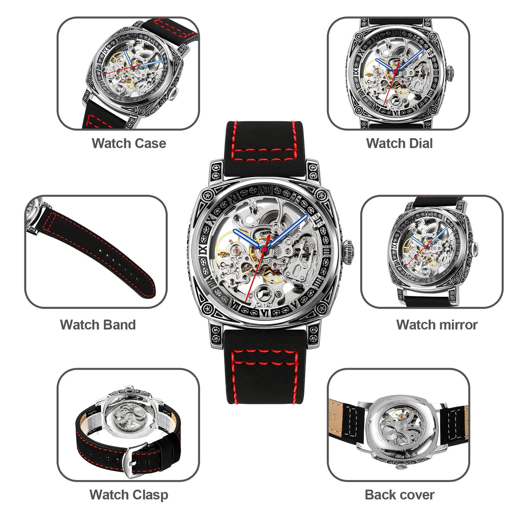 SKMEI Men’s Engraved Skeleton Automatic Mechanical Watch – Premium Leather Strap