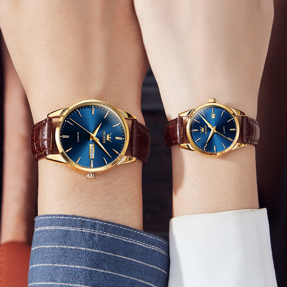 OLEVS Couple Watches - Classic Brown Leather, Analog Quartz, Romantic Waterproof Date Pair Watch for Men and Women