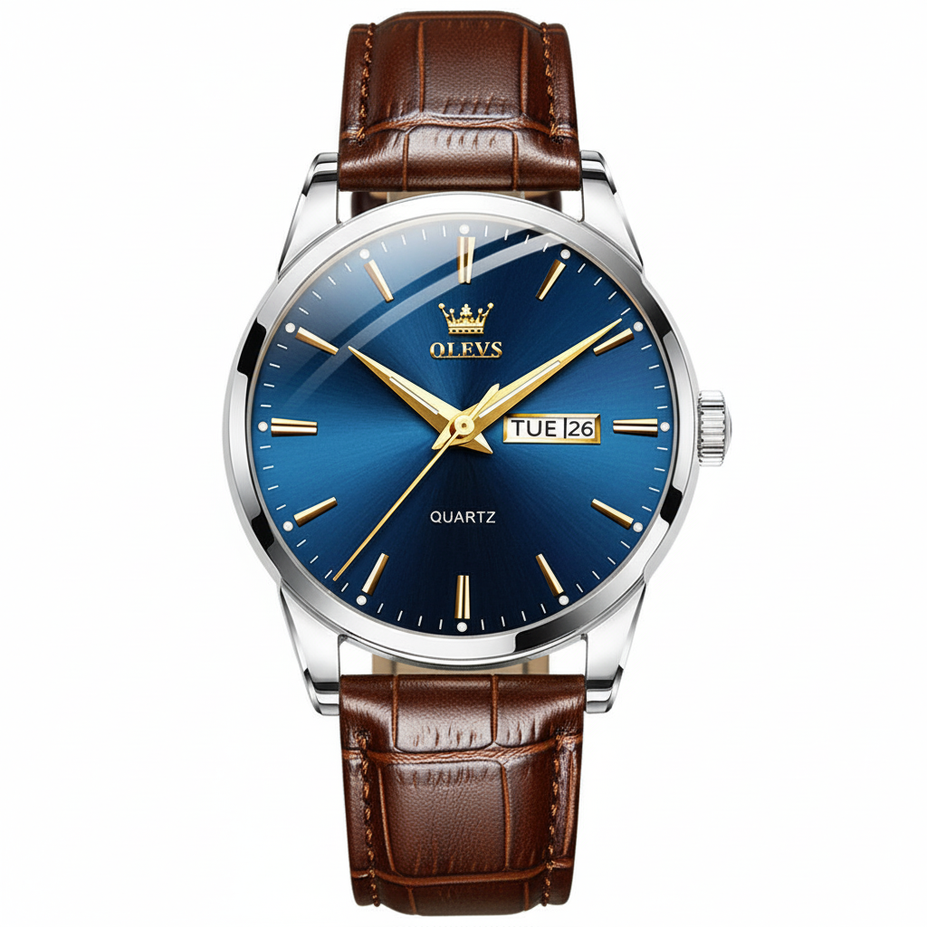 OLEVS Men Watch Leather Strap Classic Dress Large Face Analog Quartz Date&Luminous.