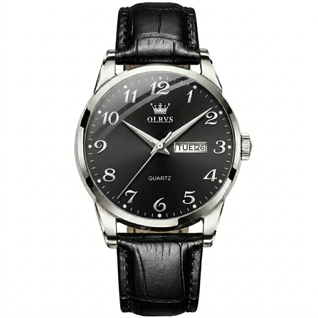 OLEVS Men Watch Leather Strap Classic Dress Large Face Analog Quartz Date&Luminous.
