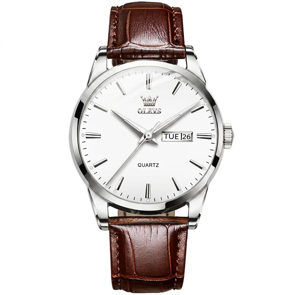 OLEVS Men Watch Leather Strap Classic Dress Large Face Analog Quartz Date&Luminous.