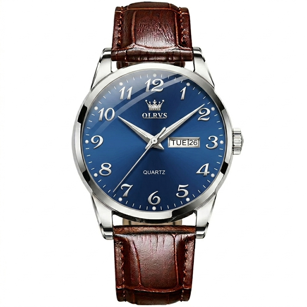 OLEVS Men Watch Leather Strap Classic Dress Large Face Analog Quartz Date&Luminous.