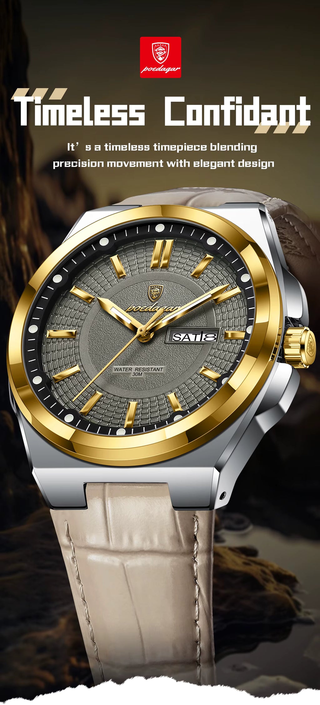 POEDAGAR Wristwatches Top Luxury Waterproof Sport Wrist Watch Quartz Genuine Leather Band