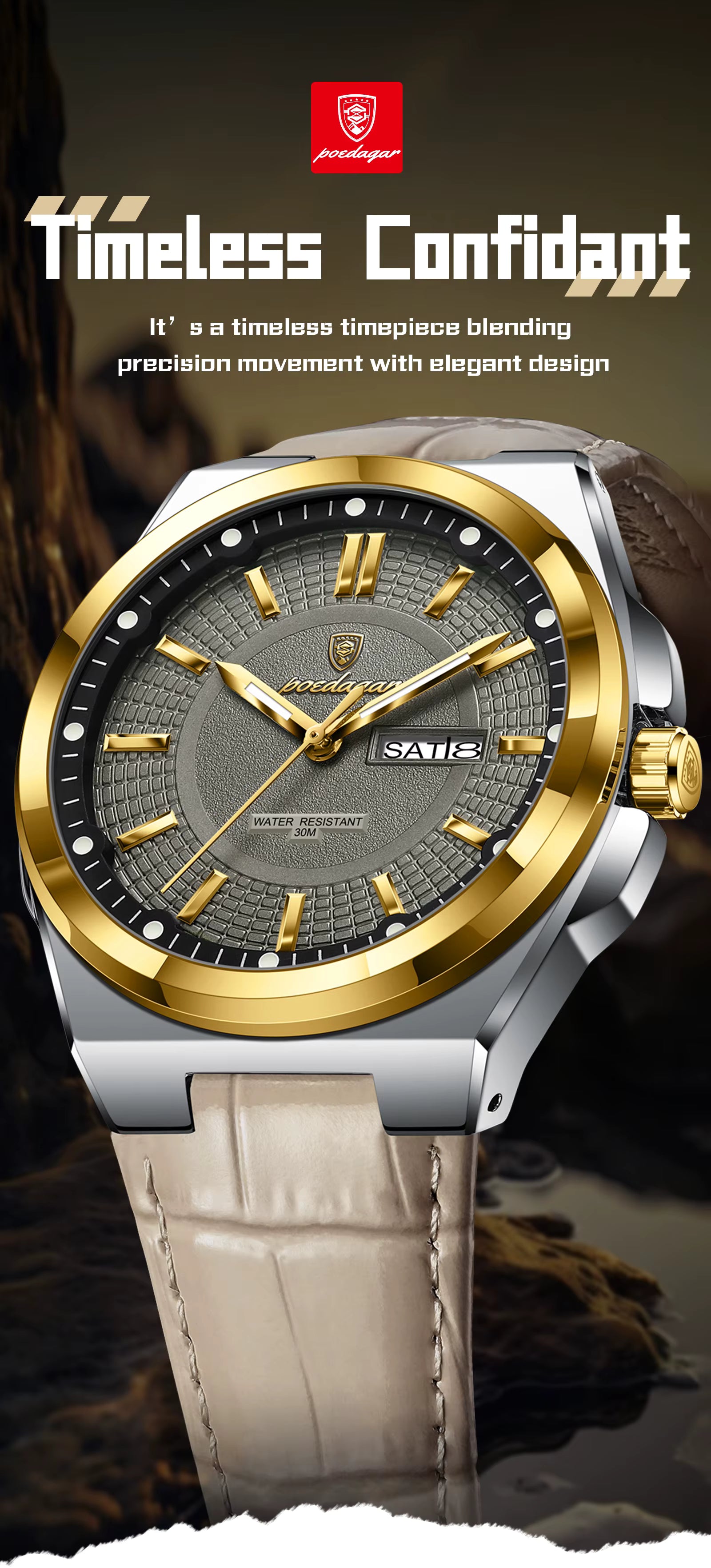 POEDAGAR Wristwatches Top Luxury Waterproof Sport Wrist Watch Quartz Genuine Leather Band