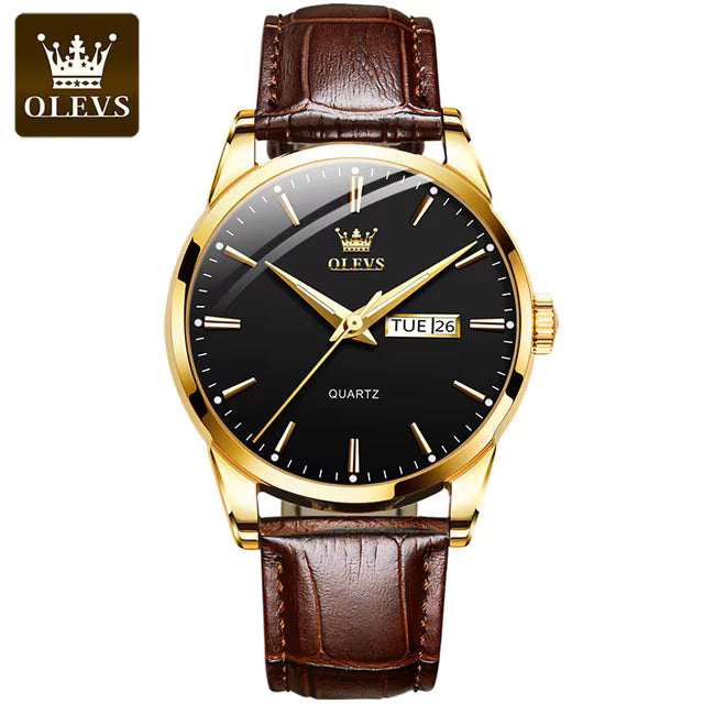 OLEVS Men Watch Leather Strap Classic Dress Large Face Analog Quartz Date&Luminous.