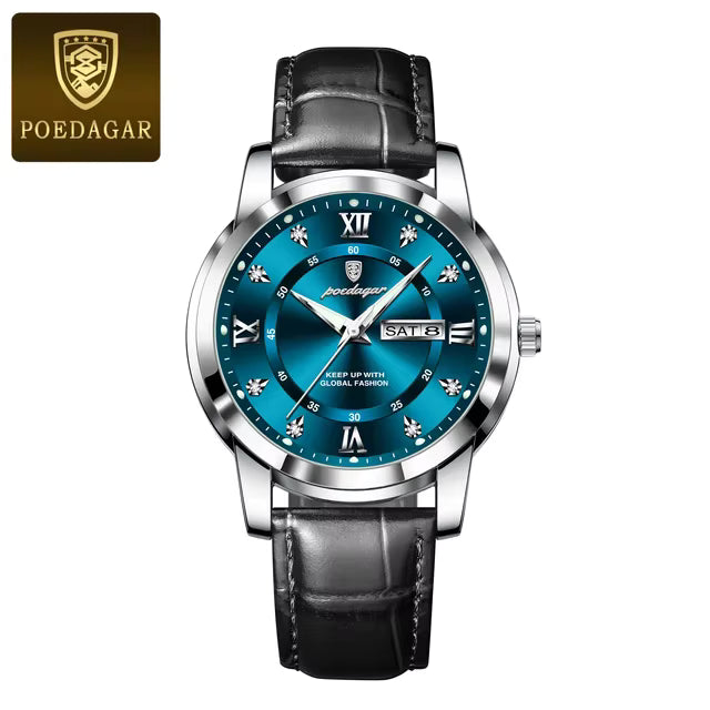 POEDAGAR Classic Men's Analog Watch with Pure Lather Strap