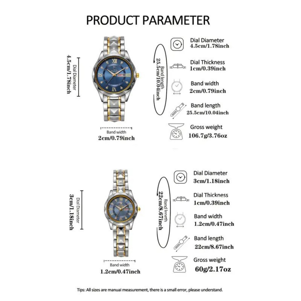 OLEVS Couple Watches His and Her Fashion Dresse Romantic Set Pair Matching Stainless Steel Strap Luminous Waterproof Wrist Watch
