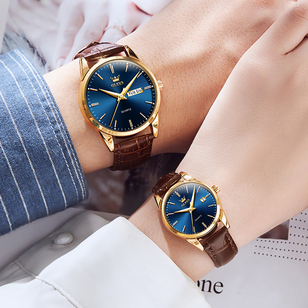 OLEVS Couple Watches - Classic Brown Leather, Analog Quartz, Romantic Waterproof Date Pair Watch for Men and Women