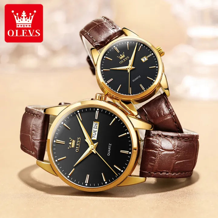 OLEVS Couple Watches - Classic Brown Leather, Analog Quartz, Romantic Waterproof Date Pair Watch for Men and Women
