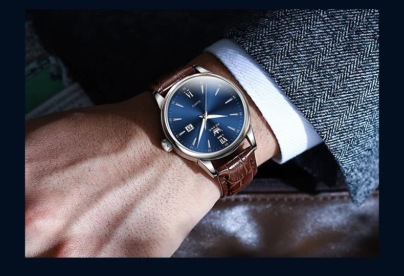 OLEVS Men Watch Leather Strap Classic Dress Large Face Analog Quartz Date&Luminous.