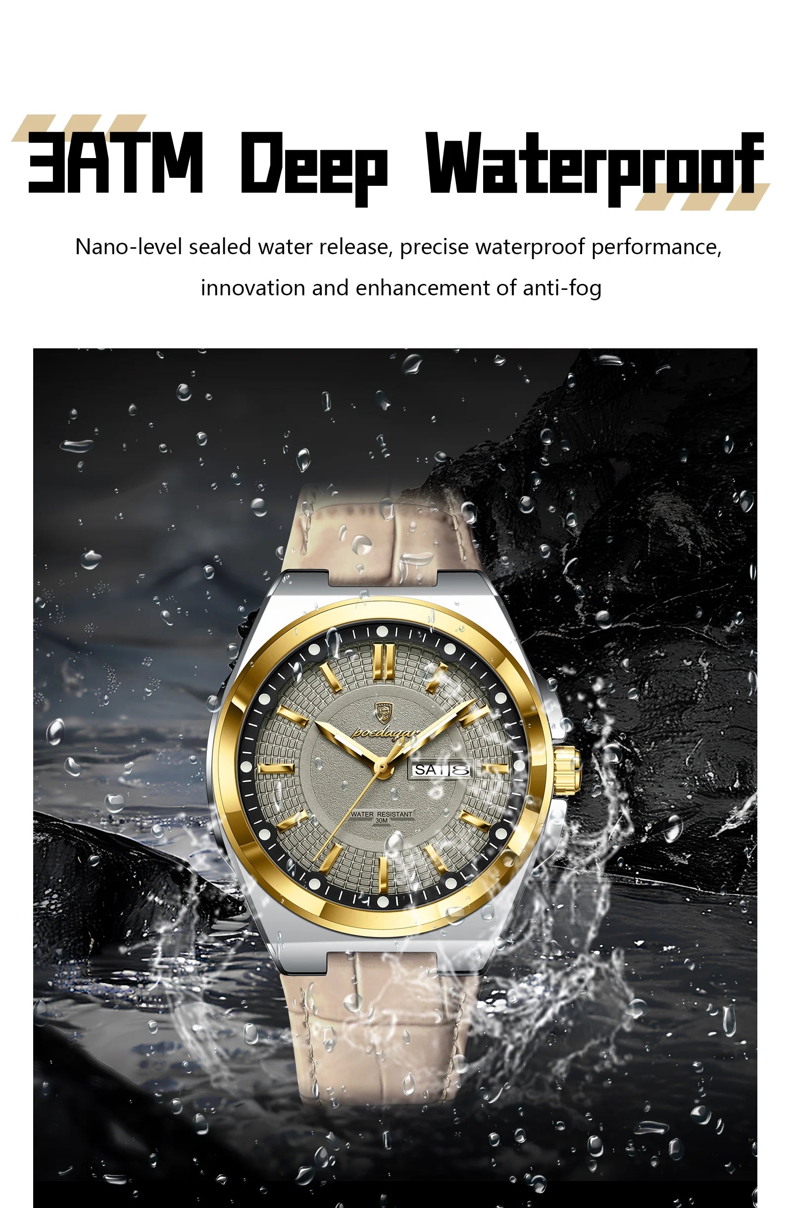 POEDAGAR Wristwatches Top Luxury Waterproof Sport Wrist Watch Quartz Genuine Leather Band