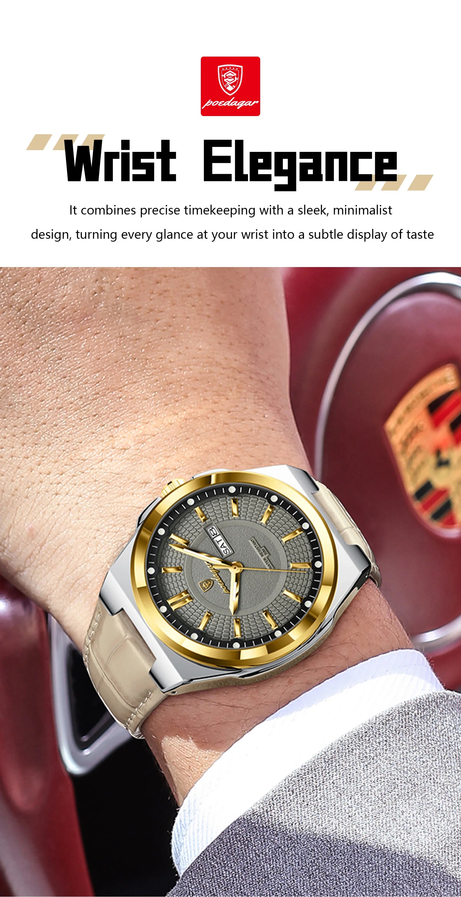 POEDAGAR Wristwatches Top Luxury Waterproof Sport Wrist Watch Quartz Genuine Leather Band