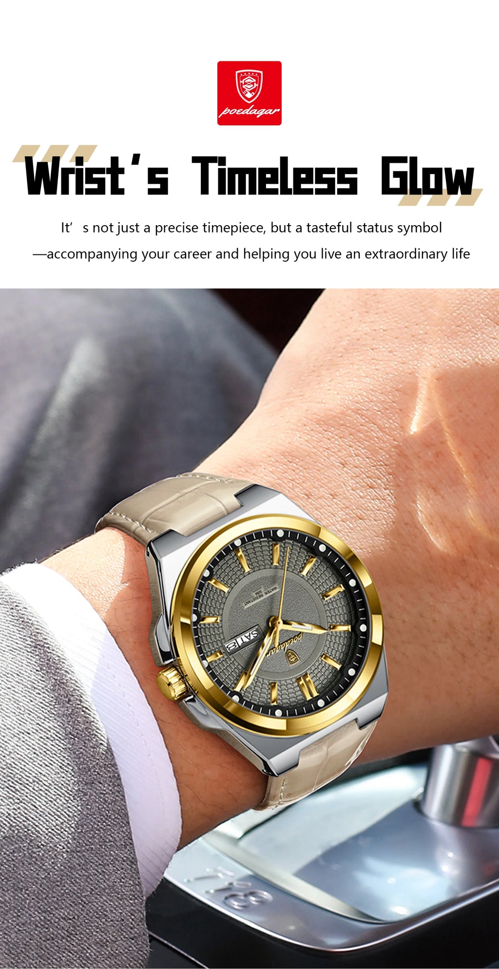 POEDAGAR Wristwatches Top Luxury Waterproof Sport Wrist Watch Quartz Genuine Leather Band