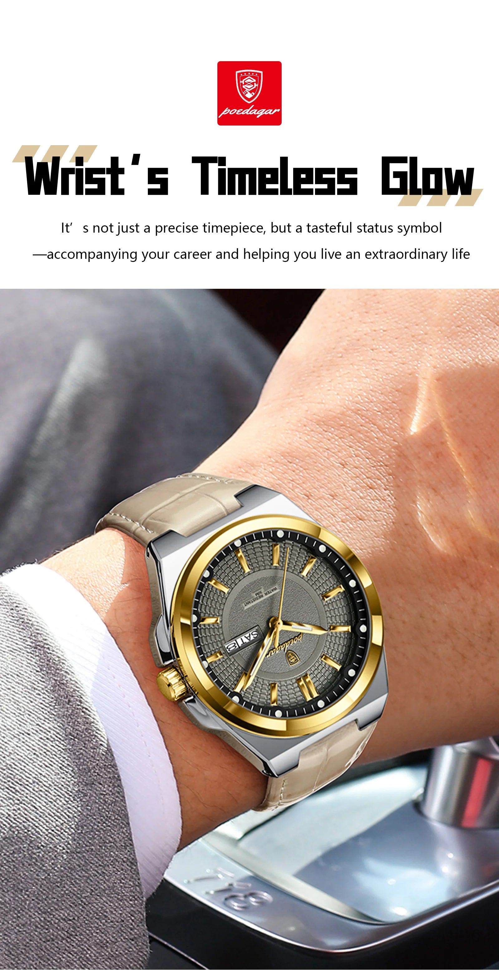 POEDAGAR Wristwatches Top Luxury Waterproof Sport Wrist Watch Quartz Genuine Leather Band