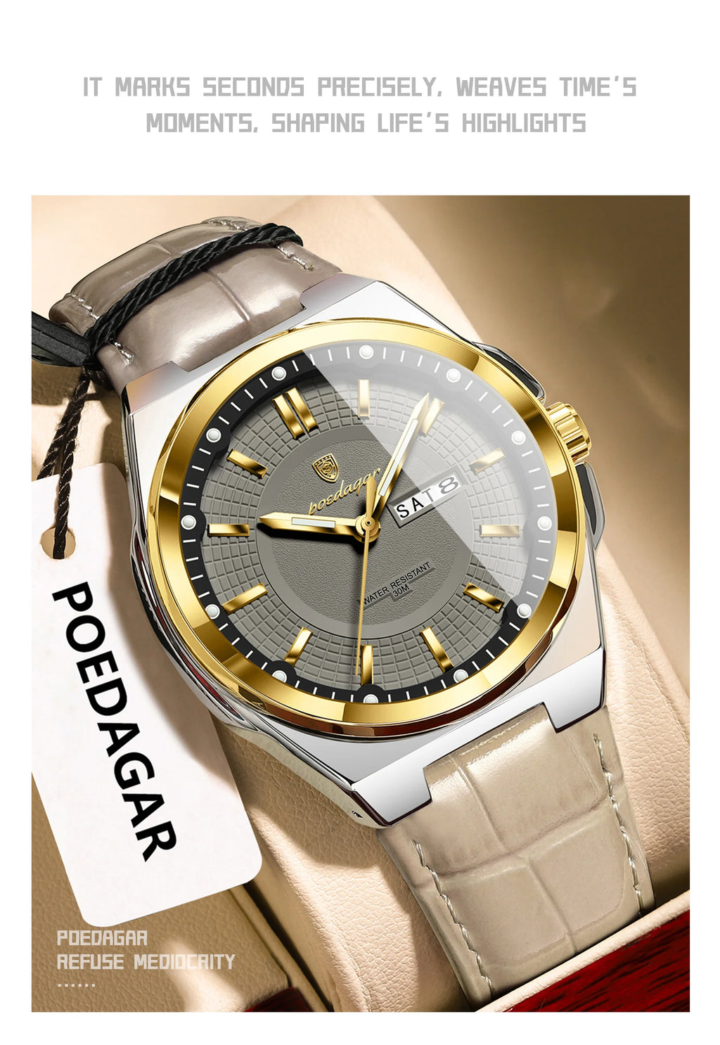 POEDAGAR Wristwatches Top Luxury Waterproof Sport Wrist Watch Quartz Genuine Leather Band