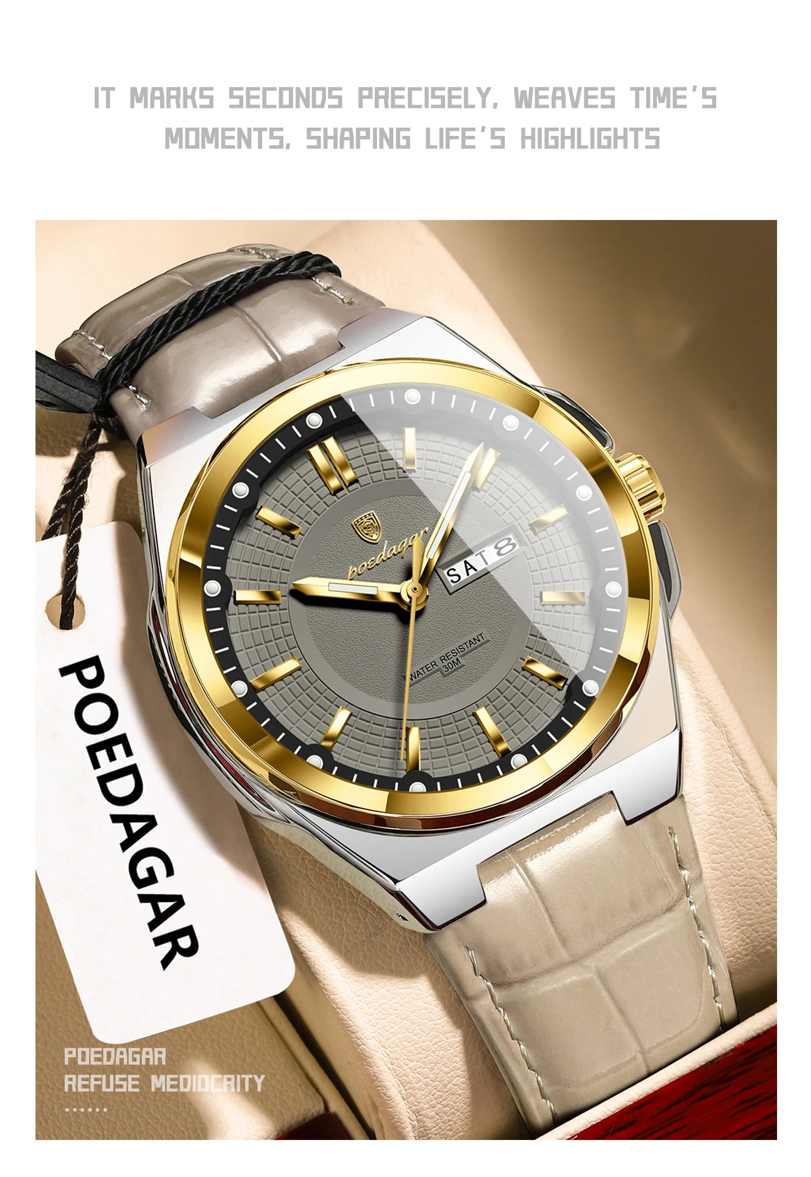 POEDAGAR Wristwatches Top Luxury Waterproof Sport Wrist Watch Quartz Genuine Leather Band