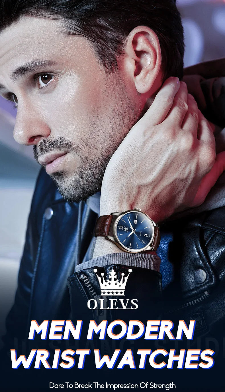 OLEVS Men Watch Leather Strap Classic Dress Large Face Analog Quartz Date&Luminous.