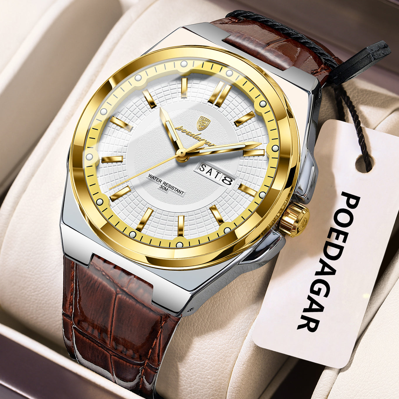 POEDAGAR Wristwatches Top Luxury Waterproof Sport Wrist Watch Quartz Genuine Leather Band