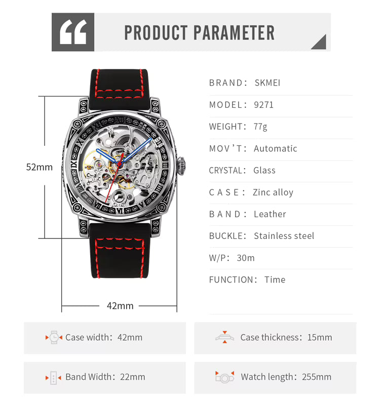 SKMEI Men’s Engraved Skeleton Automatic Mechanical Watch – Premium Leather Strap