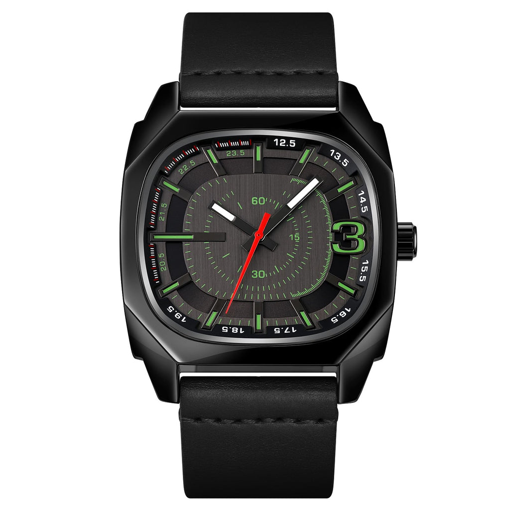 SKMEI Men’s Modern Square Quartz Watch – Matte Black Case with Electric Green Accents & Leather Strap