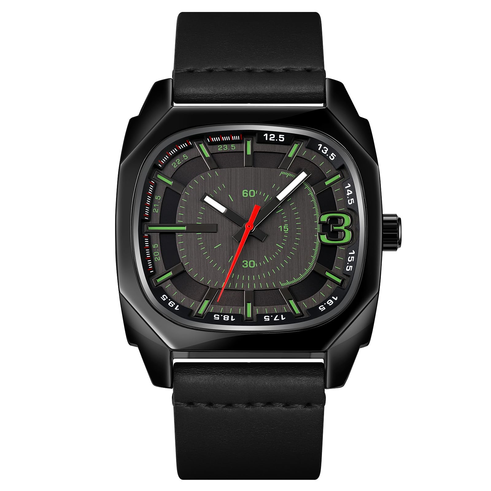 SKMEI Men’s Modern Square Quartz Watch – Matte Black Case with Electric Green Accents & Leather Strap