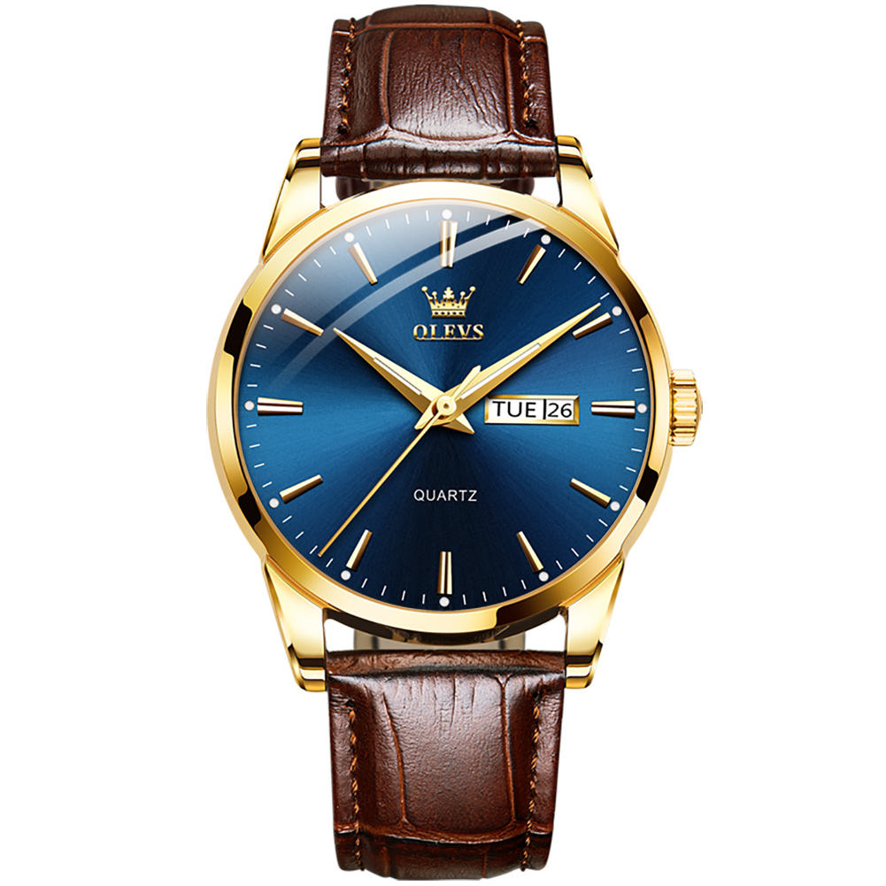 OLEVS Men Watch Leather Strap Classic Dress Large Face Analog Quartz Date&Luminous.