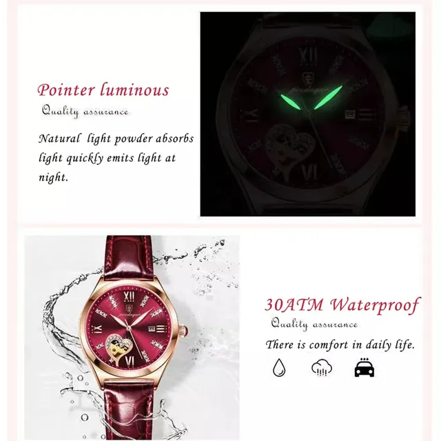 POEDAGAR Luxury Women's Rose Gold Quartz Watch – Elegant Red Leather Strap
