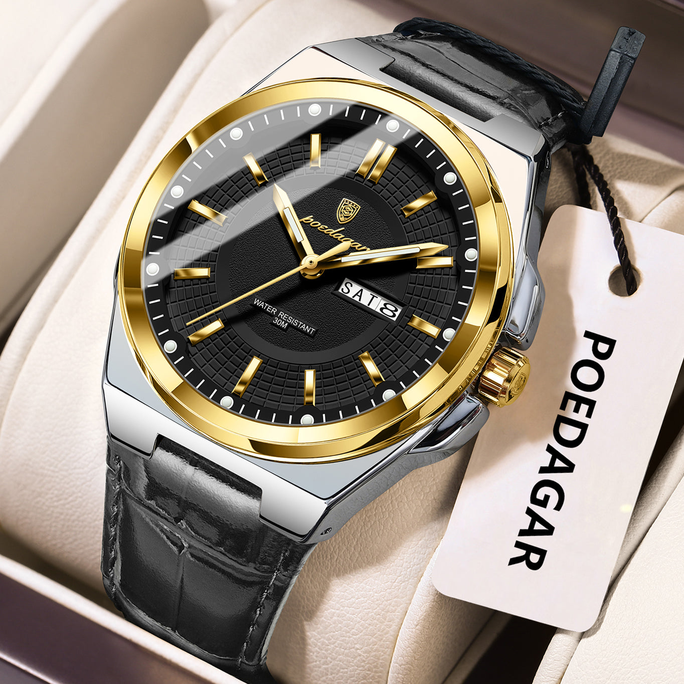 POEDAGAR Wristwatches Top Luxury Waterproof Sport Wrist Watch Quartz Genuine Leather Band