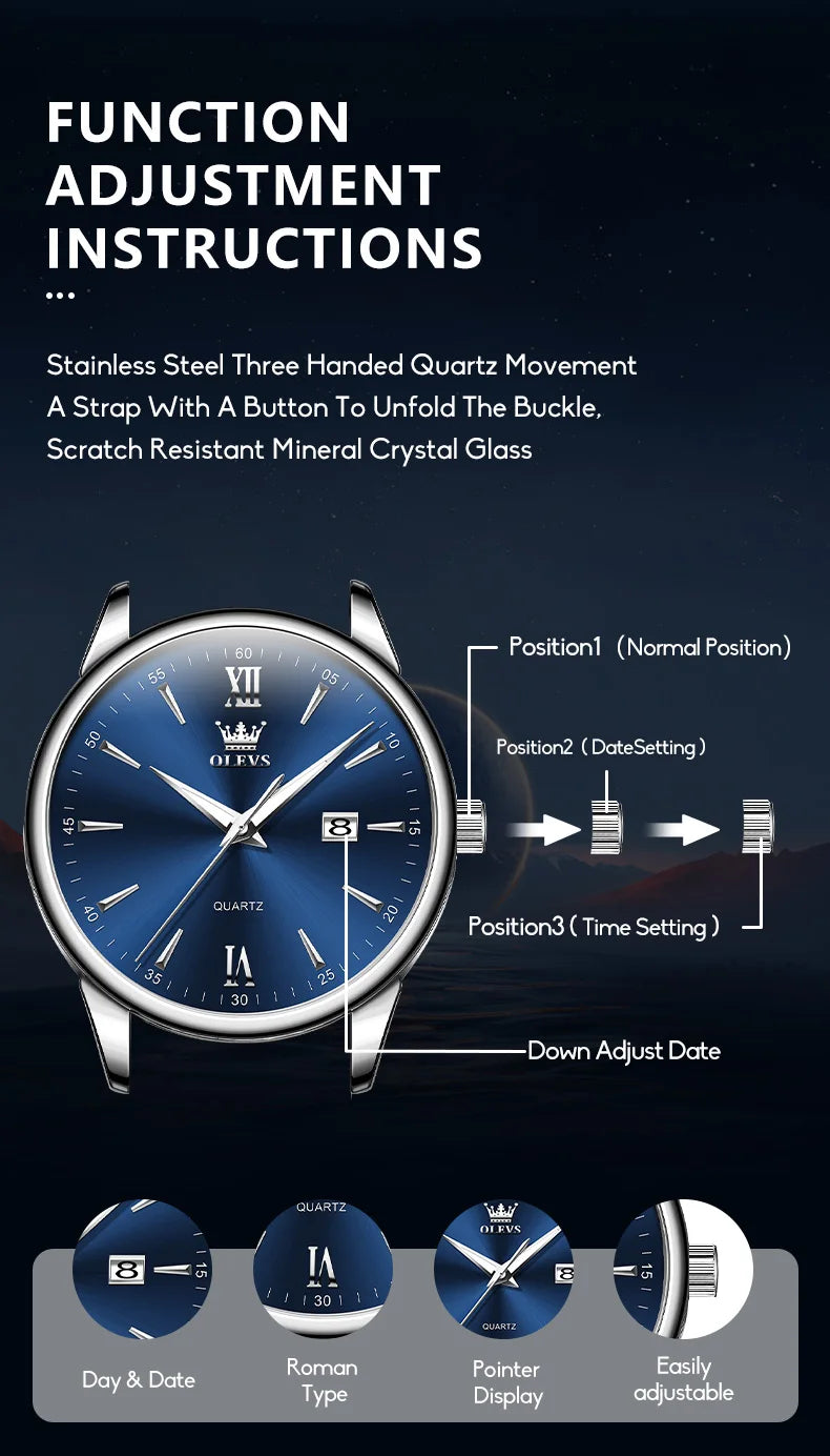 OLEVS Men Watch Leather Strap Classic Dress Large Face Analog Quartz Date&Luminous.