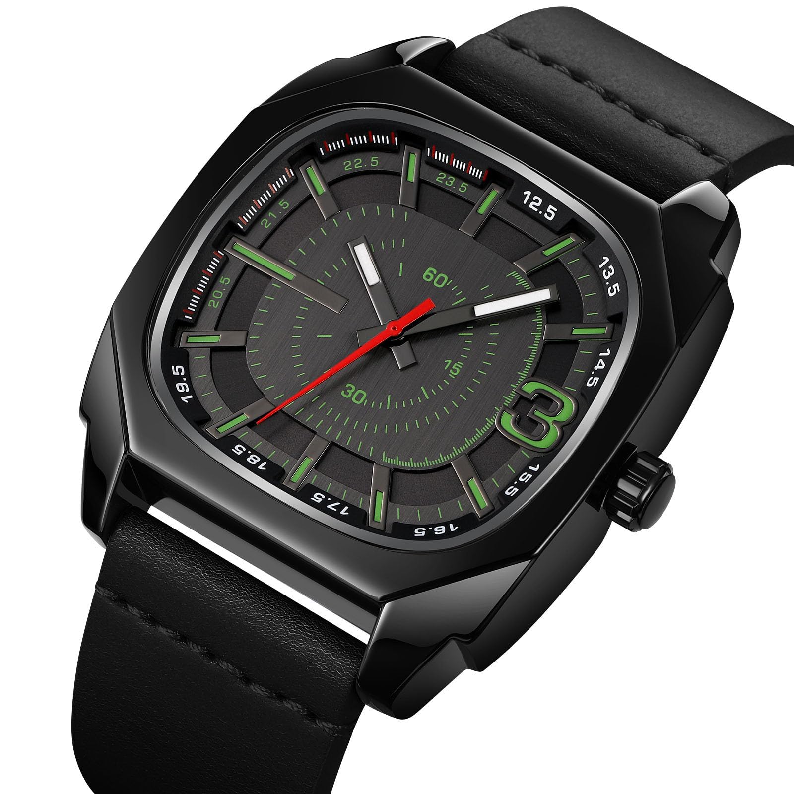 SKMEI Men’s Modern Square Quartz Watch – Matte Black Case with Electric Green Accents & Leather Strap