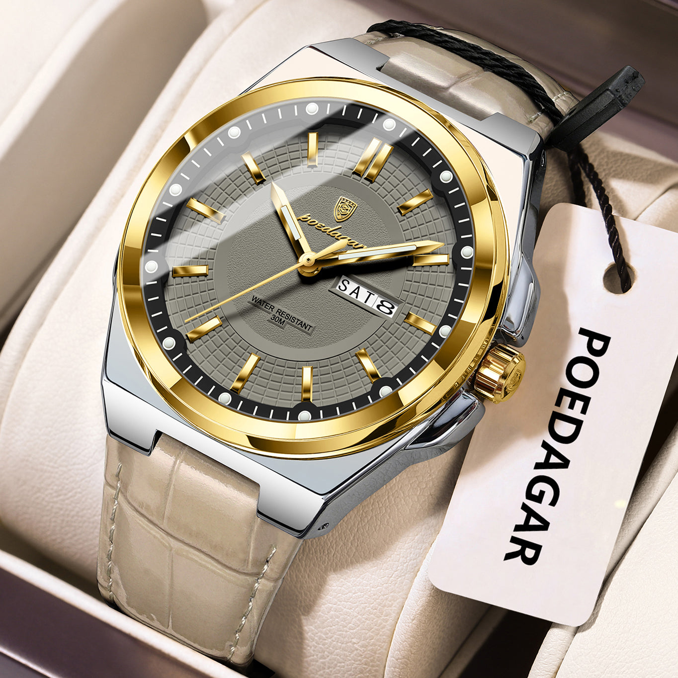 POEDAGAR Wristwatches Top Luxury Waterproof Sport Wrist Watch Quartz Genuine Leather Band