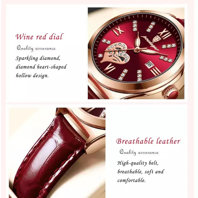 POEDAGAR Luxury Women's Rose Gold Quartz Watch – Elegant Red Leather Strap