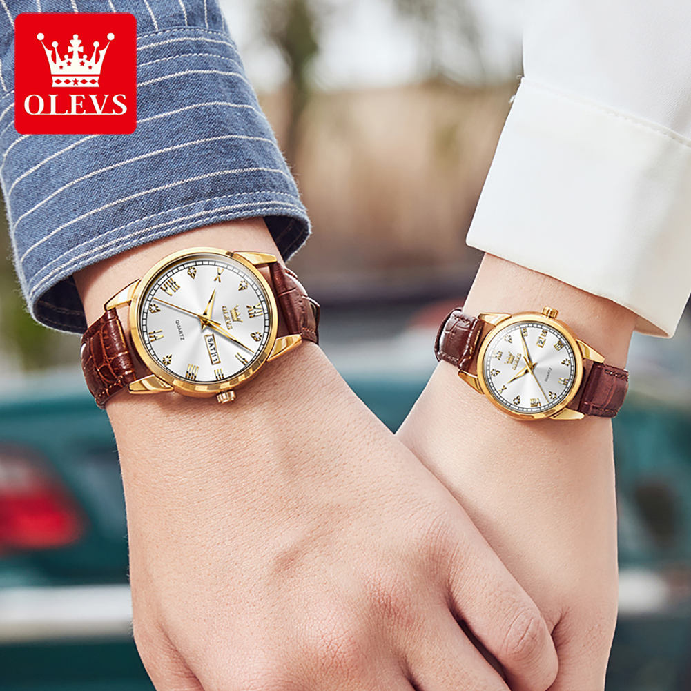OLEVS Couple Watches - Classic Brown Leather, Analog Quartz, Romantic Waterproof Date Pair Watch for Men and Women
