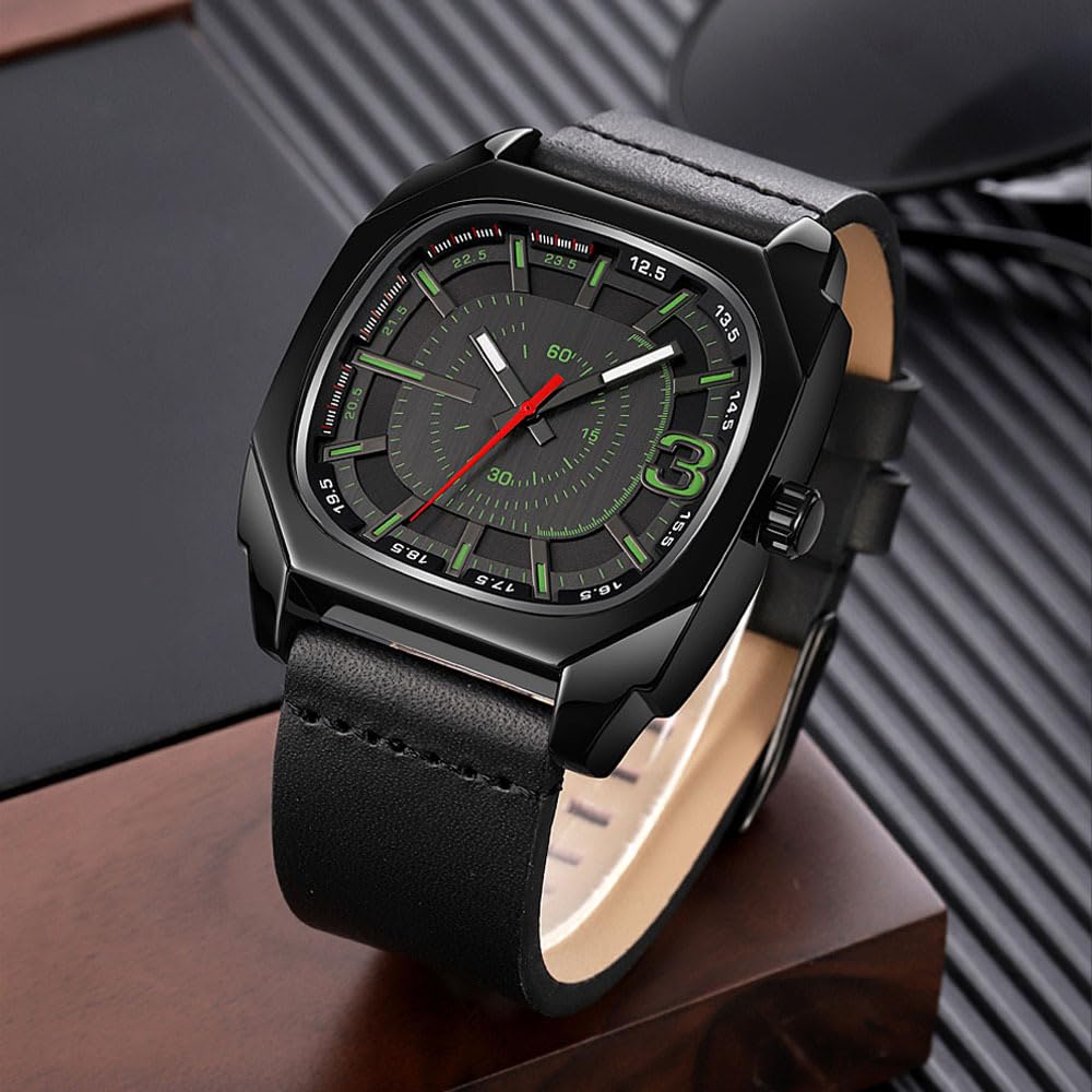 SKMEI Men’s Modern Square Quartz Watch – Matte Black Case with Electric Green Accents & Leather Strap