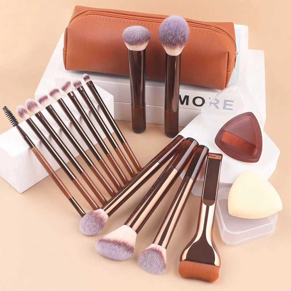 17pcs Luxury Makeup Brush Set with Curved Face Brush, Makeup Puffs, and Cosmetic Pouch.