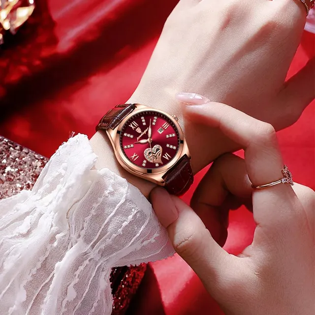 POEDAGAR Luxury Women's Rose Gold Quartz Watch – Elegant Red Leather Strap