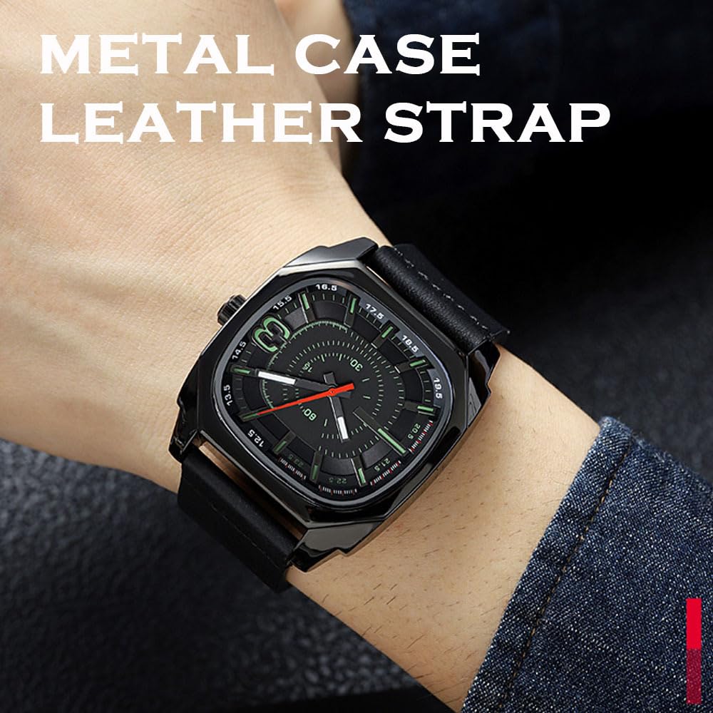 SKMEI Men’s Modern Square Quartz Watch – Matte Black Case with Electric Green Accents & Leather Strap