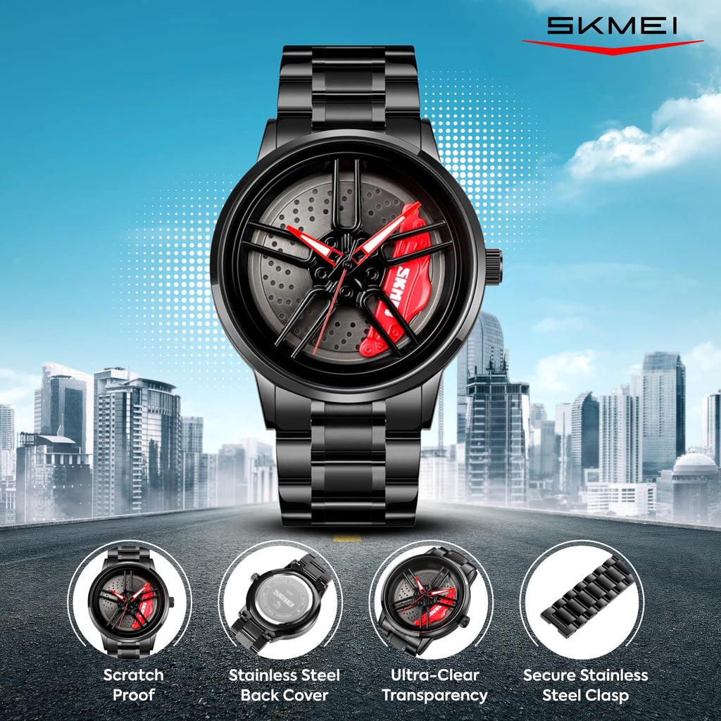 SKMEI  Men Racing Watches rotatable Car Rim Wheel hub Design Sports Watches Stainless Steel Waterproof Watch