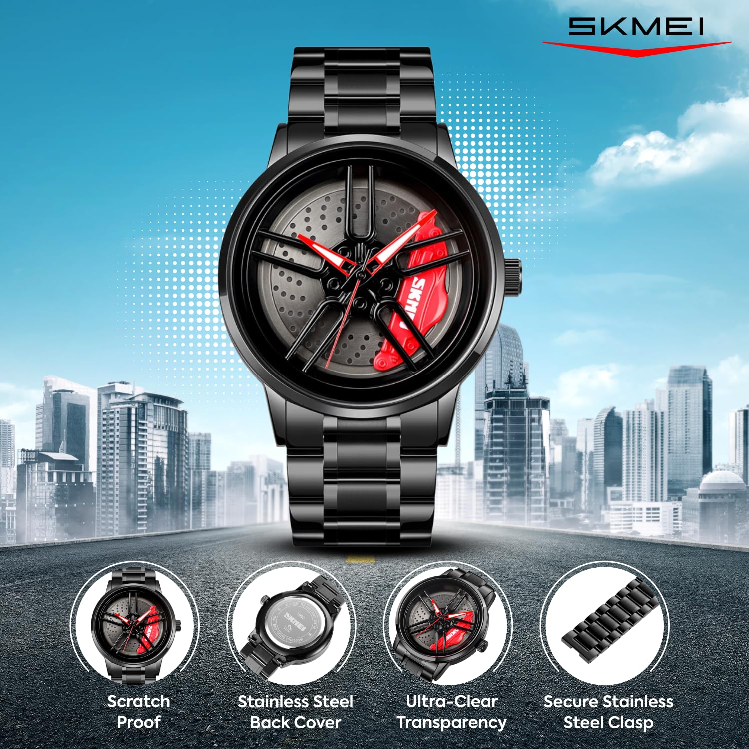 SKMEI  Men Racing Watches rotatable Car Rim Wheel hub Design Sports Watches Stainless Steel Waterproof Watch