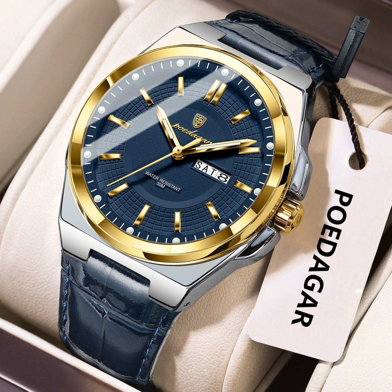 POEDAGAR Wristwatches Top Luxury Waterproof Sport Wrist Watch Quartz Genuine Leather Band