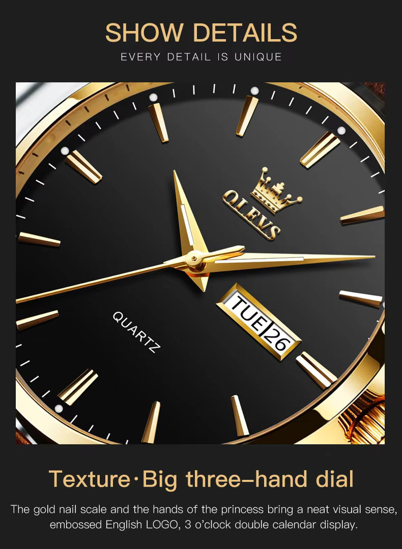 OLEVS Men Watch Leather Strap Classic Dress Large Face Analog Quartz Date&Luminous.
