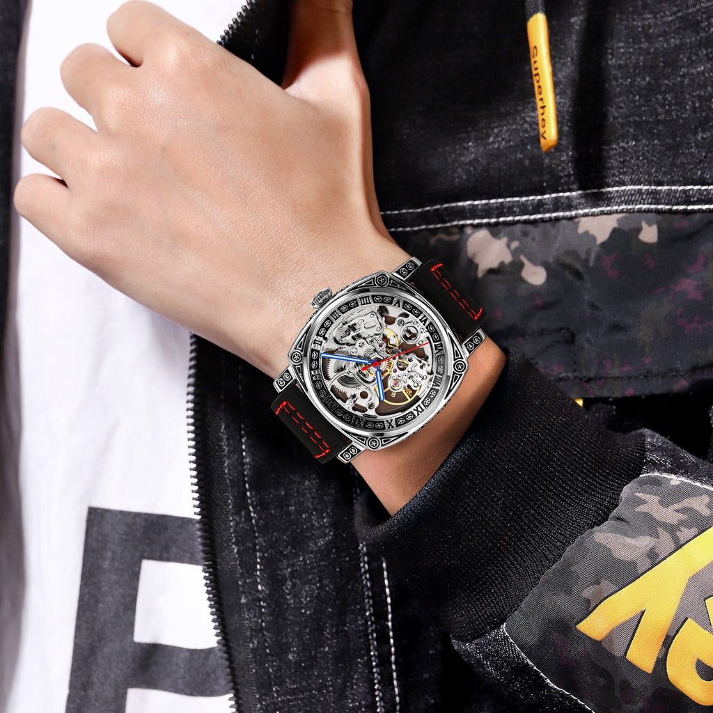 SKMEI Men’s Engraved Skeleton Automatic Mechanical Watch – Premium Leather Strap