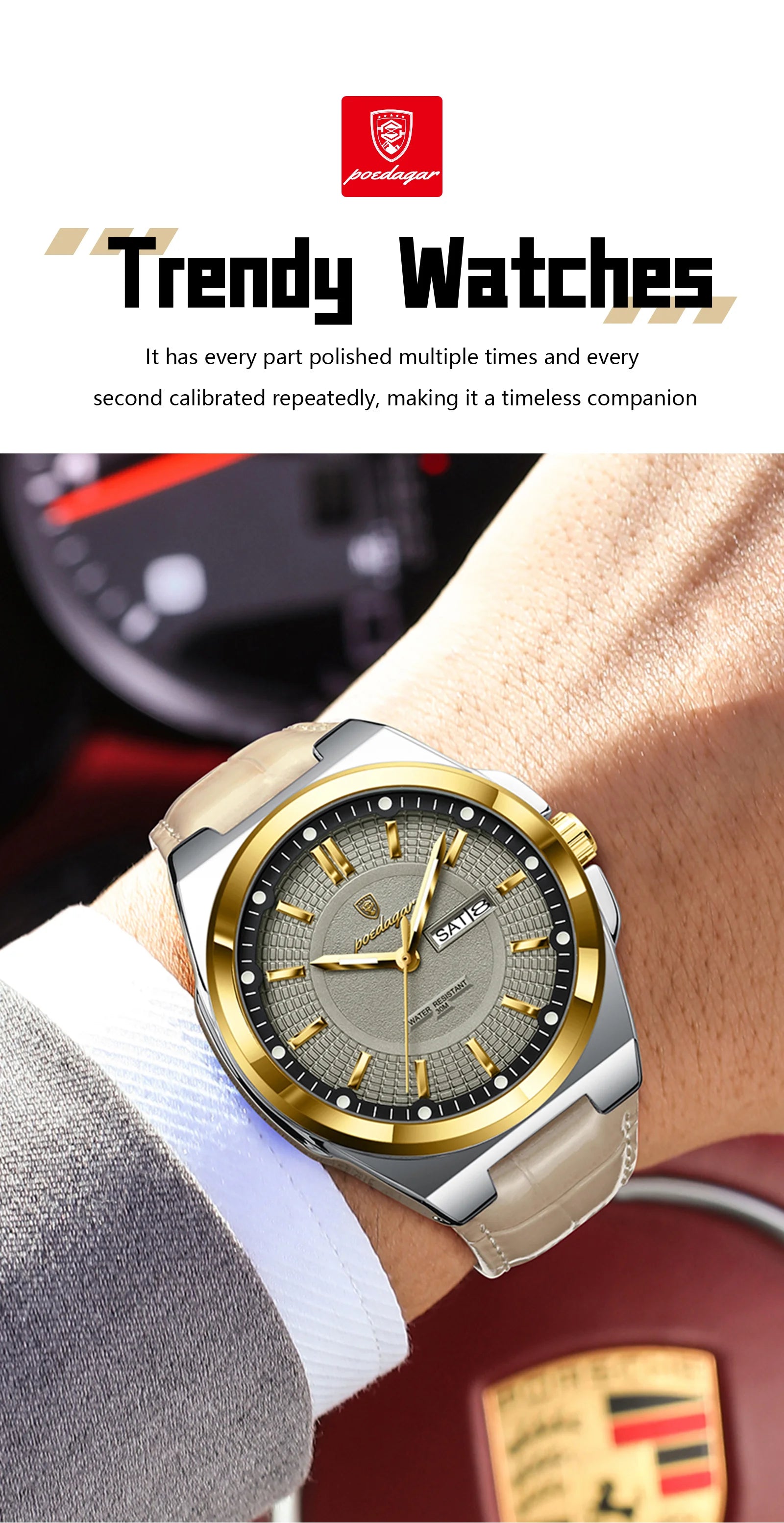 POEDAGAR Wristwatches Top Luxury Waterproof Sport Wrist Watch Quartz Genuine Leather Band