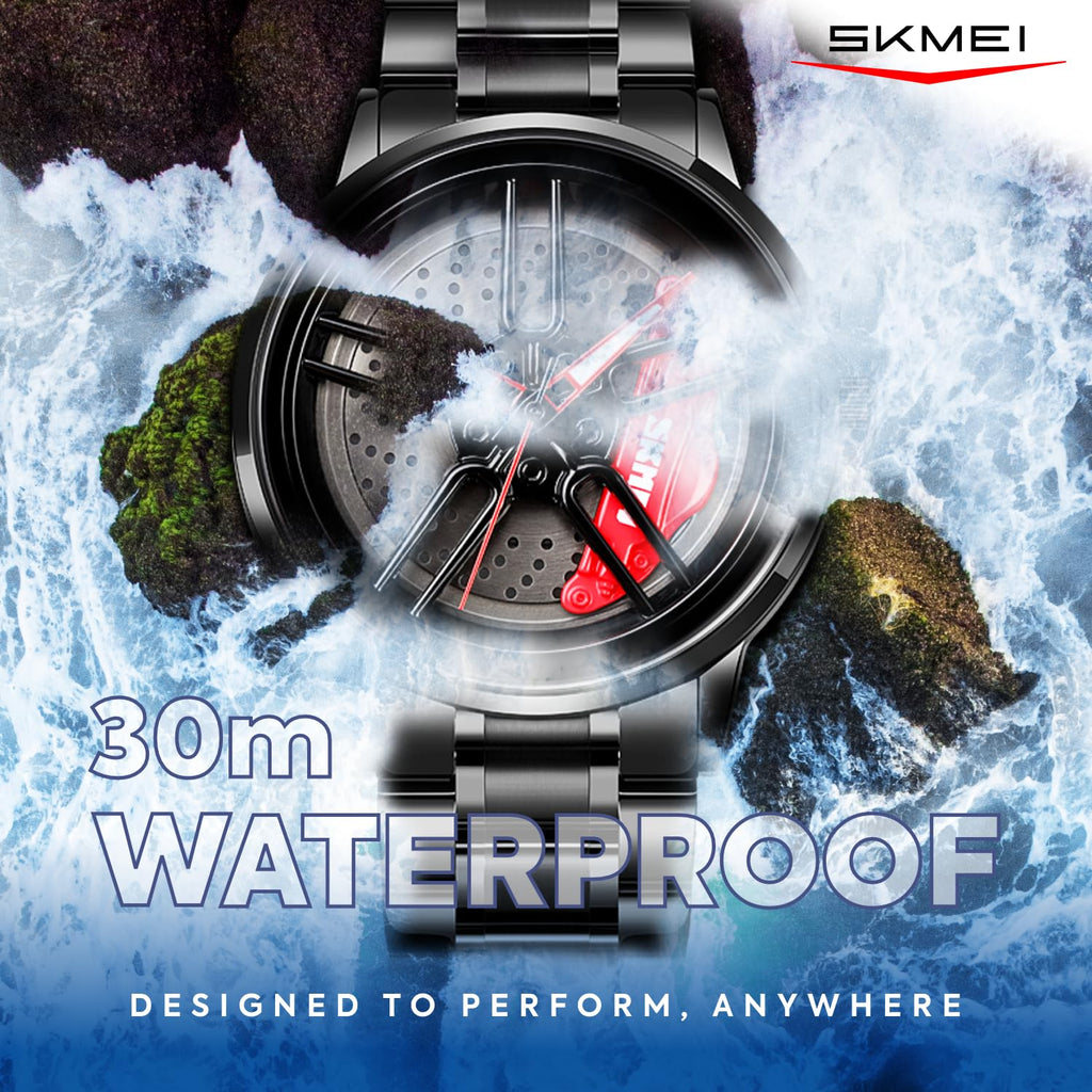 SKMEI  Men Racing Watches rotatable Car Rim Wheel hub Design Sports Watches Stainless Steel Waterproof Watch
