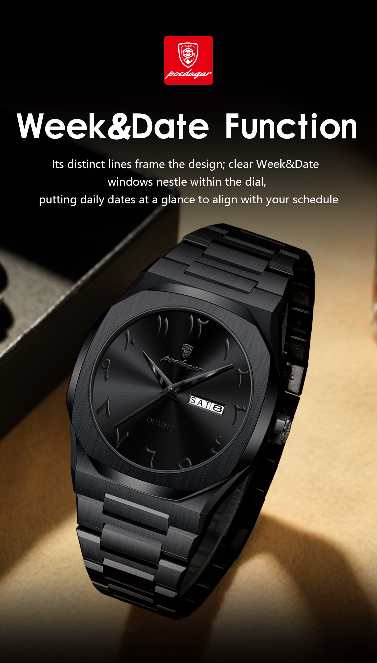 POEDAGAR Original Luxury Men's Watch Waterproof Week Date Fashion.